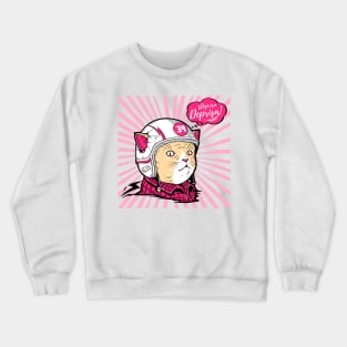 Comic cartoon with a cute retro motorized cat in pink colors with the phrase in Spanish: Hurry, hurry! Crewneck Sweatshirt